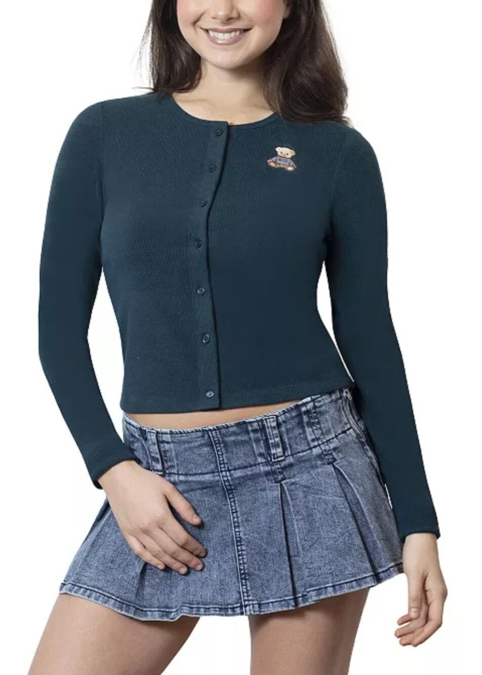 Madden Girl green embroidered teddy bear button up ribbed top Size L Preppy